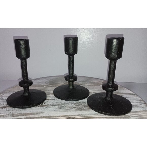 STONEBRIAR Collection: 5" Black Cast Iron Metal Taper Candle Holder Set of 3 - Picture 1 of 4